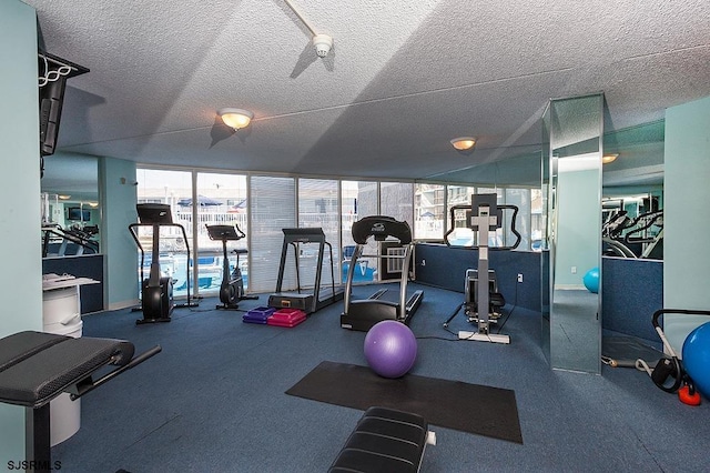 workout area featuring expansive windows and a textured ceiling