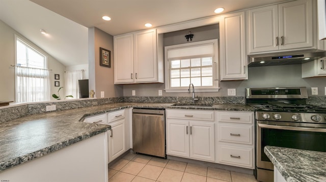 kitchen with a sink, white cabinetry, under cabinet range hood, and stainless steel appliances