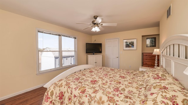 bedroom with visible vents, ceiling fan, baseboards, and wood finished floors