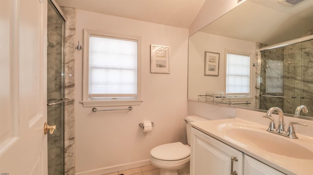 bathroom featuring tile patterned flooring, visible vents, toilet, a stall shower, and vanity