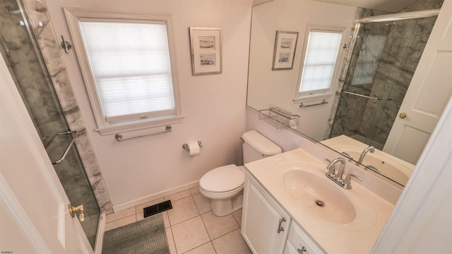 bathroom with tile patterned floors, visible vents, toilet, a stall shower, and vanity