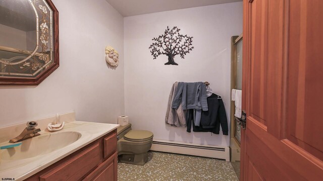 102 Morris Ave, Linwood, NJ 08221 - bathroom with a shower with shower door, baseboard heating, vanity, and toilet