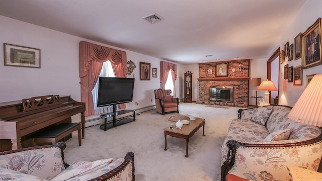 102 Morris Ave, Linwood, NJ 08221 - living room featuring light carpet, visible vents, a fireplace, and a baseboard radiator