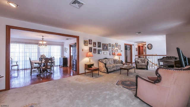 102 Morris Ave, Linwood, NJ 08221 - living room featuring visible vents, carpet floors, and a chandelier