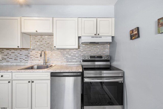 kitchen with tasteful backsplash, under cabinet range hood, light stone counters, stainless steel appliances, and a sink