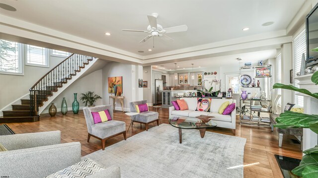 1905 Glenwood Dr, Ocean City, NJ 08226 - living area with stairway, ceiling fan, baseboards, light wood-type flooring, and recessed lighting