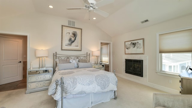 1905 Glenwood Dr, Ocean City, NJ 08226 - carpeted bedroom with visible vents, lofted ceiling, a fireplace, and recessed lighting