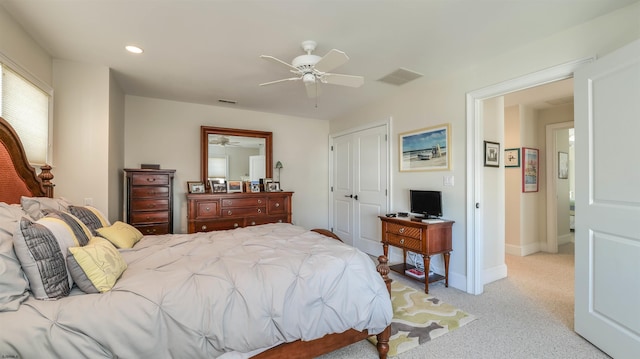 1905 Glenwood Dr, Ocean City, NJ 08226 - bedroom with recessed lighting, a closet, ceiling fan, visible vents, and light colored carpet