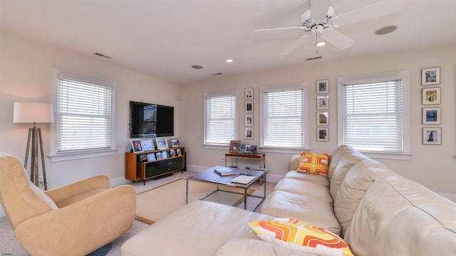 1905 Glenwood Dr, Ocean City, NJ 08226 - carpeted living area featuring recessed lighting, visible vents, ceiling fan, and baseboards