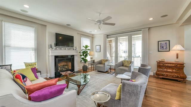 1905 Glenwood Dr, Ocean City, NJ 08226 - living area featuring recessed lighting, a fireplace with flush hearth, a ceiling fan, baseboards, and hardwood / wood-style floors