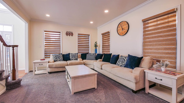 living area with stairs, recessed lighting, dark carpet, and ornamental molding