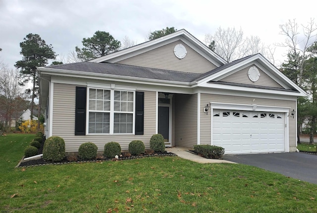 single story home featuring an attached garage, roof with shingles, aphalt driveway, and a front lawn