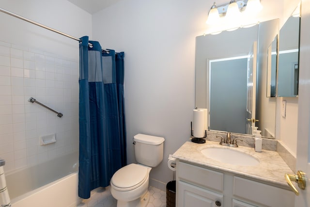 bathroom with shower / bath combo, tile patterned flooring, vanity, and toilet