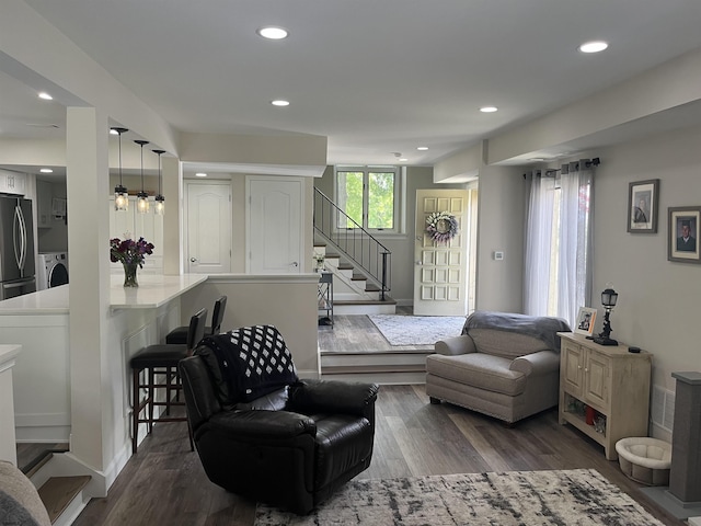 24 Greate Bay Dr Unit 24, Somers Point, NJ 08244 - living room featuring washer / clothes dryer, stairs, wood finished floors, and recessed lighting
