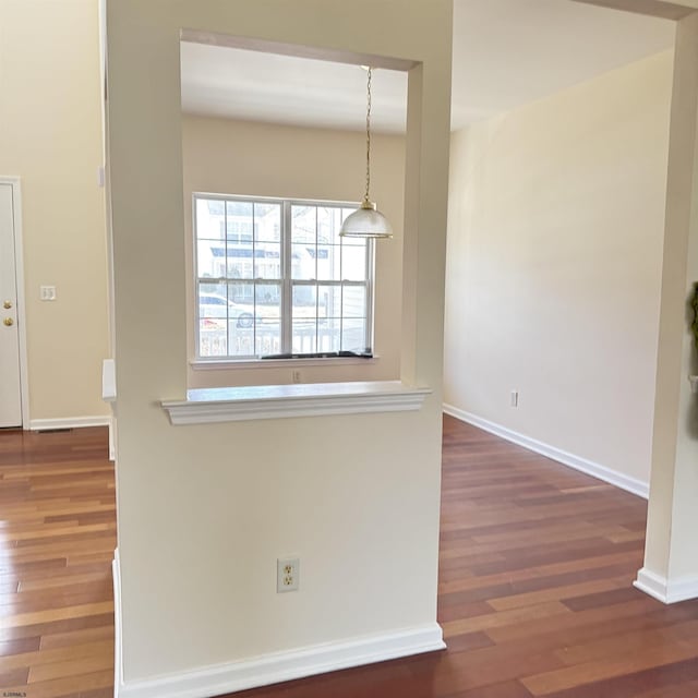 unfurnished dining area featuring baseboards and wood finished floors