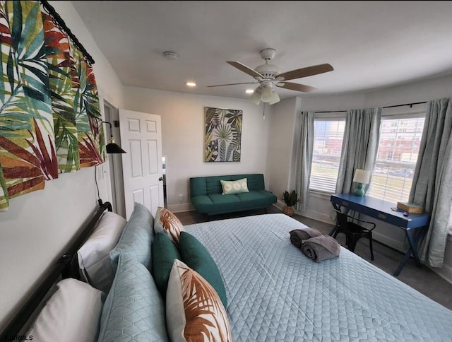 bedroom featuring baseboards, recessed lighting, and ceiling fan