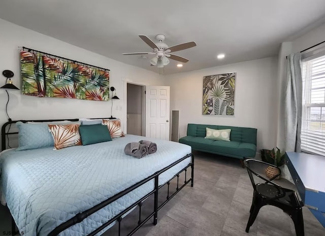 bedroom with a ceiling fan and recessed lighting