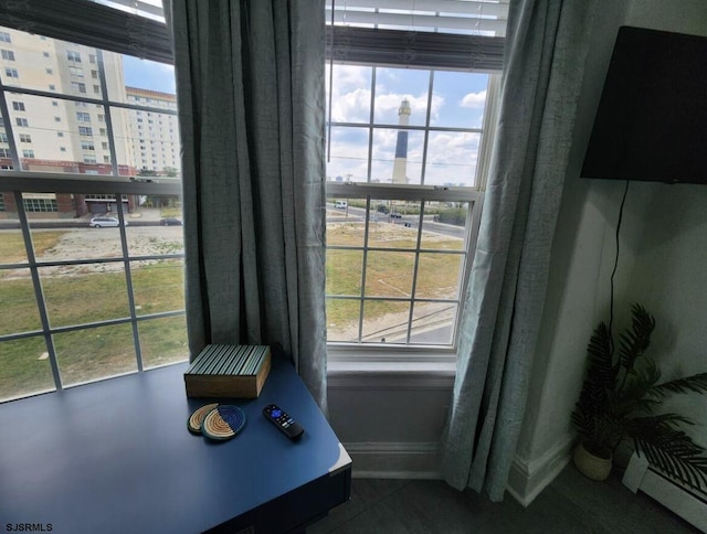 interior details featuring a city view