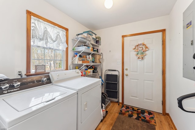 clothes washing area with independent washer and dryer, light wood-style floors, and laundry area