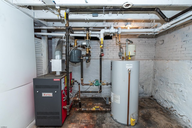 utility room with water heater and a heating unit