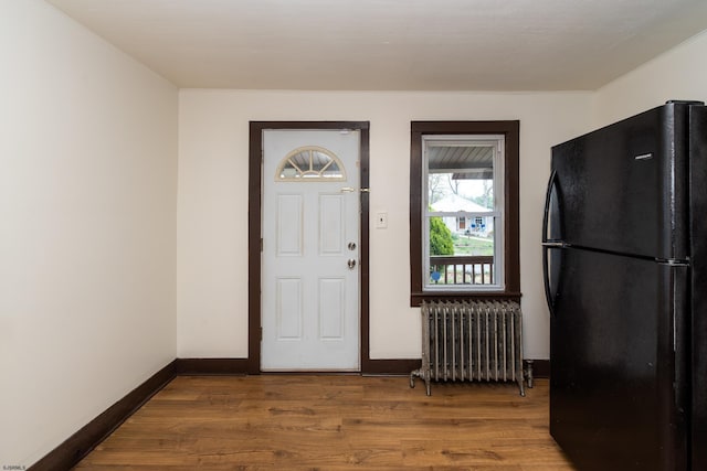 interior space with radiator heating unit, baseboards, and wood finished floors