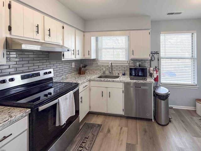 722 Fishers Creek Rd, Galloway Township, NJ 08205 - kitchen with appliances with stainless steel finishes, a sink, white cabinets, and under cabinet range hood