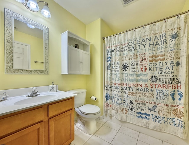 full bath with tile patterned flooring, vanity, a shower with curtain, and toilet