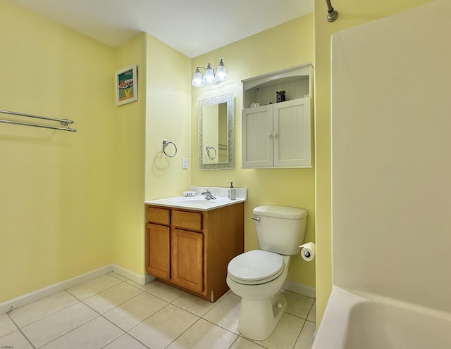 full bath featuring toilet, tile patterned floors, vanity, and baseboards