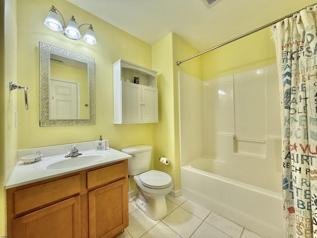 full bathroom with toilet, shower / tub combo with curtain, tile patterned flooring, and vanity