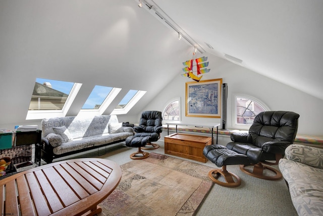 living area with track lighting, a healthy amount of sunlight, carpet, and lofted ceiling with skylight