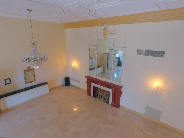 unfurnished living room featuring a chandelier, a fireplace, visible vents, and baseboards