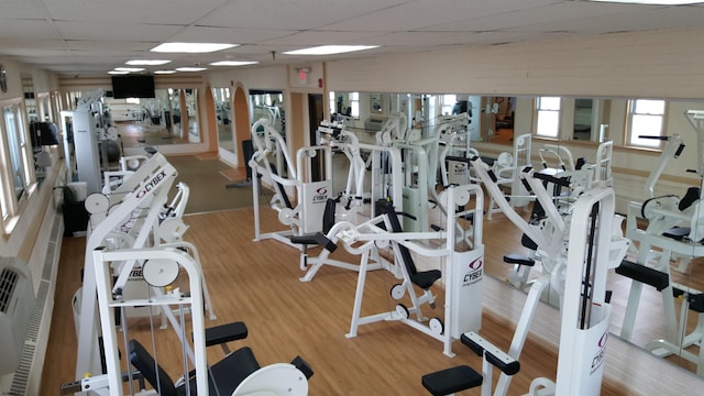 gym with a paneled ceiling and wood finished floors