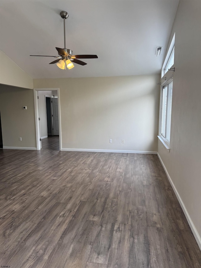 246 Heather Croft Unit 246, Egg Harbor Township, NJ 08234 - unfurnished living room with dark wood-type flooring, lofted ceiling, a ceiling fan, and baseboards