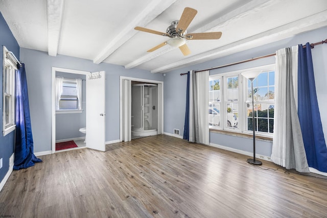 1139 Mcconnell Dr, Pleasantville, NJ 08232 - unfurnished bedroom featuring beam ceiling, visible vents, baseboards, wood finished floors, and ceiling fan