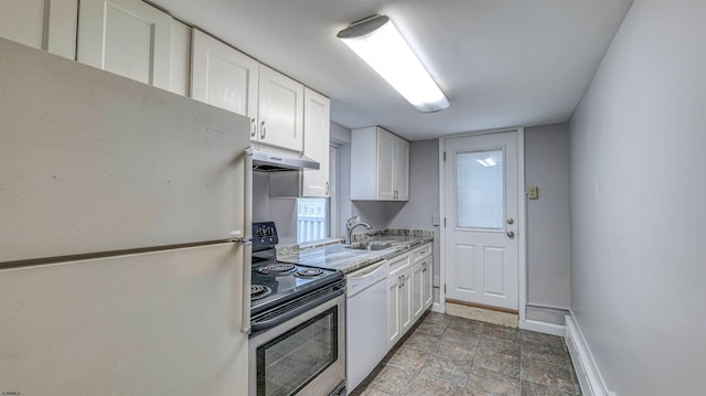 kitchen featuring a sink, baseboards, white cabinetry, white appliances, and under cabinet range hood