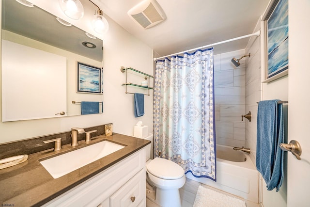 full bathroom featuring shower / tub combo, visible vents, toilet, and vanity