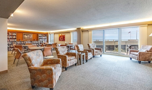 living room featuring a textured ceiling and carpet