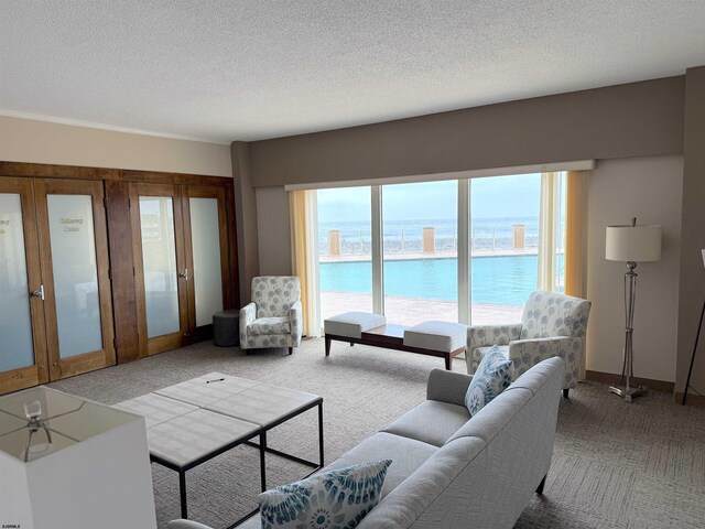 carpeted living room with baseboards, a water view, and a textured ceiling