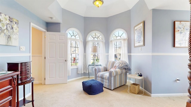 living area featuring carpet floors and baseboards