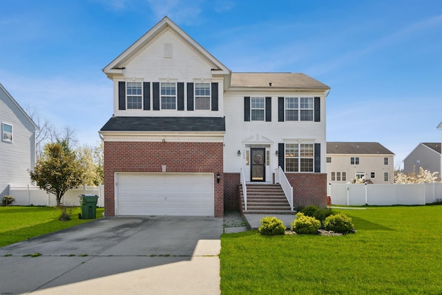 traditional-style house with driveway, an attached garage, fence, a front yard, and brick siding