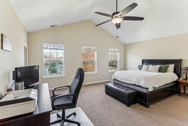 carpeted bedroom with ceiling fan, lofted ceiling, visible vents, and baseboards