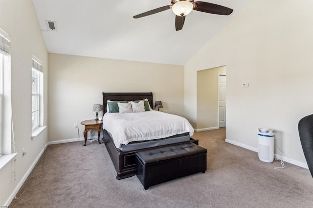 bedroom with baseboards, a ceiling fan, carpet flooring, and high vaulted ceiling