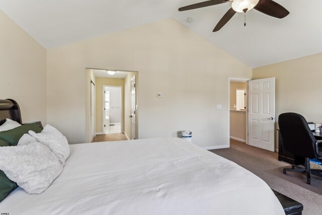 bedroom with baseboards, carpet flooring, high vaulted ceiling, and ceiling fan