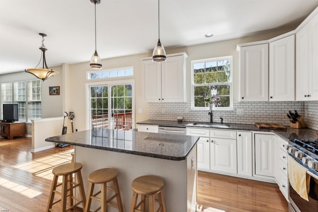 kitchen featuring tasteful backsplash, light wood-type flooring, appliances with stainless steel finishes, and a sink