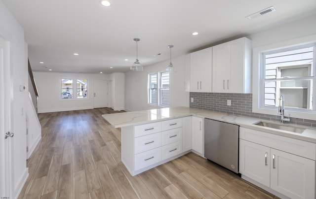 kitchen featuring white cabinets, visible vents, stainless steel dishwasher, a sink, and a peninsula
