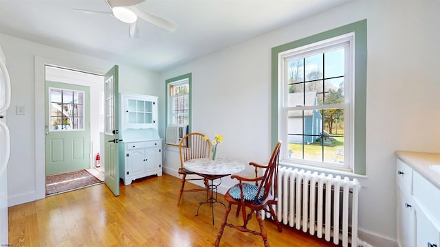 dining space featuring a wealth of natural light, radiator heating unit, and light wood-type flooring
