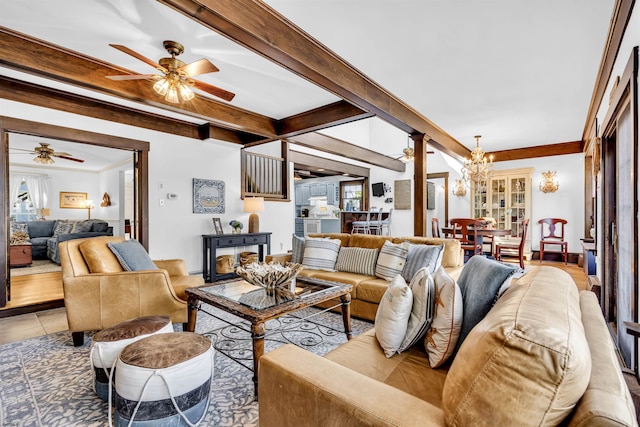 336 E Seabright Rd, Ocean City, NJ 08226 - living area with crown molding, beam ceiling, and ceiling fan with notable chandelier