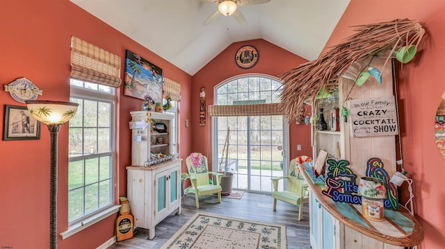 recreation room featuring vaulted ceiling, a ceiling fan, and plenty of natural light