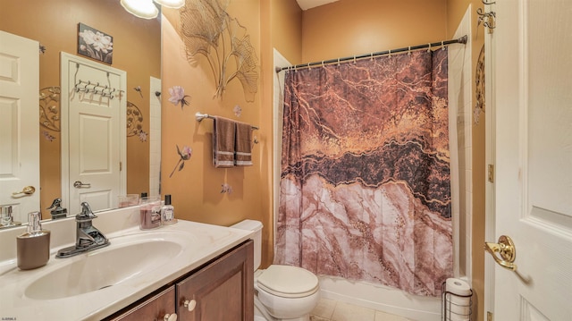 bathroom featuring toilet, vanity, and shower / bathtub combination with curtain