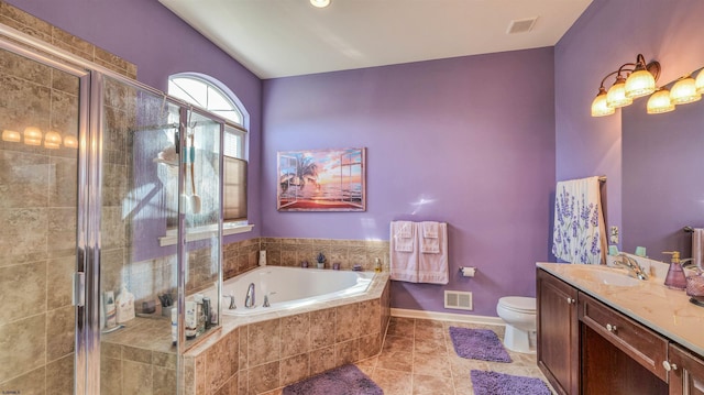 full bathroom featuring a bath, a shower stall, tile patterned flooring, and visible vents